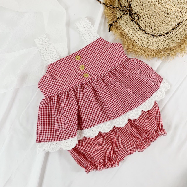 Bộ kẻ caro viền ren siêu đáng yêu cho bé gái - OBK