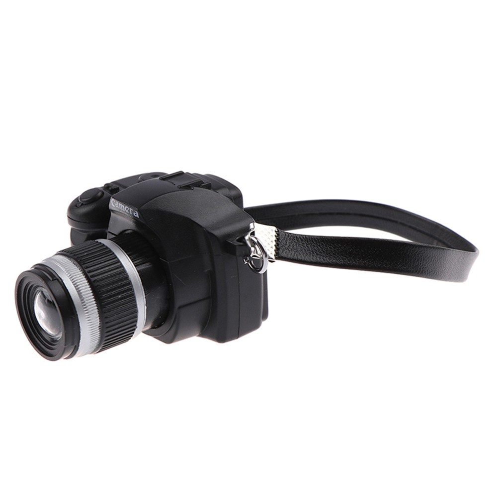 Mô hình máy ảnh thu nhỏ với âm thanh và đèn flash có dây đeo màu đen cho nhà búp bê tỷ lệ 1:12