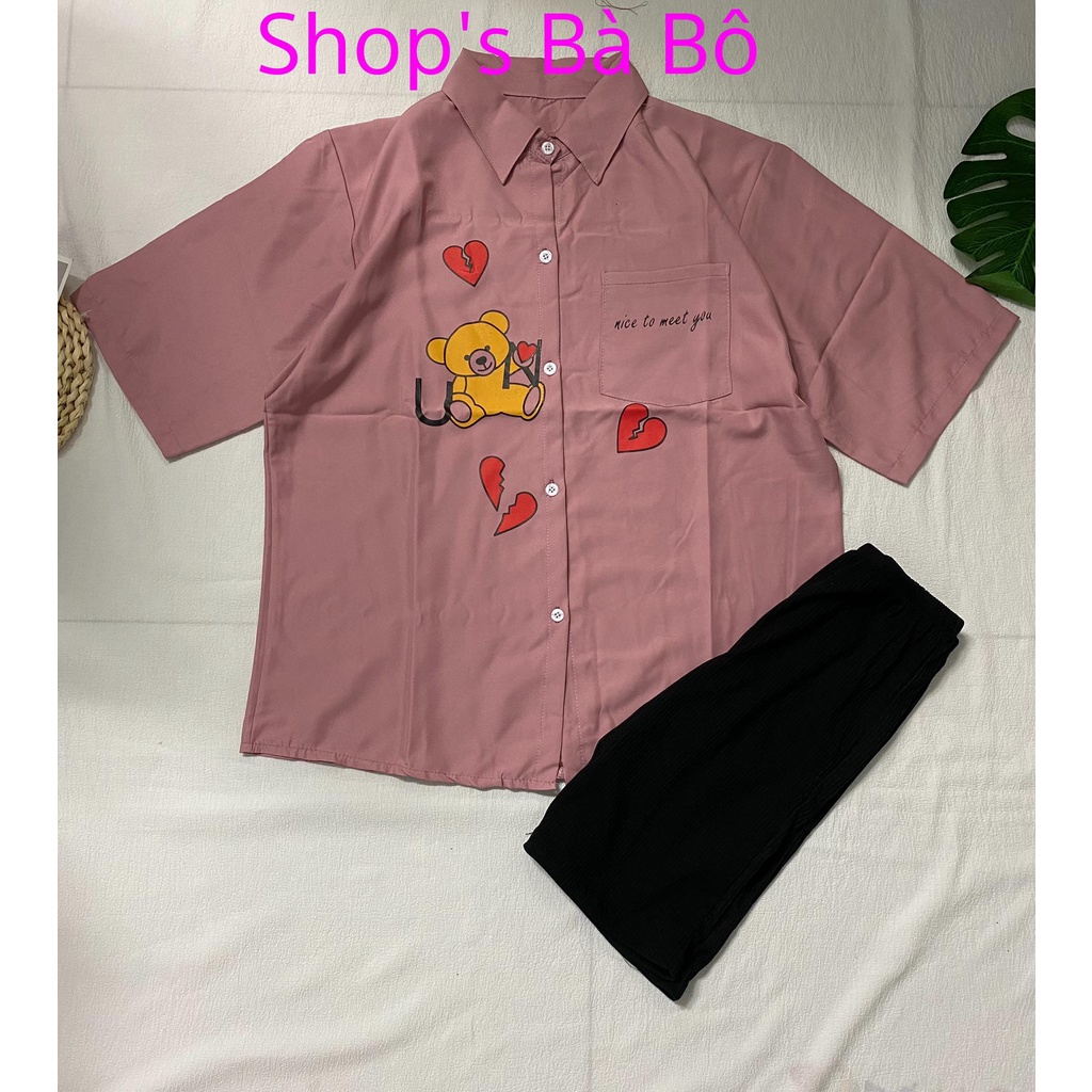 Set sơ mi ngố, họa tiết tim, gấu ngố nhiều màu, cho nữ mặc nhà, mặc đi chơi, vải dày dặn, quần ngố ôm siêu xinh