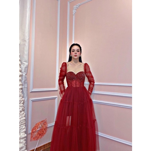 Đầm midi tay dài dún kết cườm sẵn bra ngực siêu xinh TRIPBLE T DRESS - Size M/L - MS297V