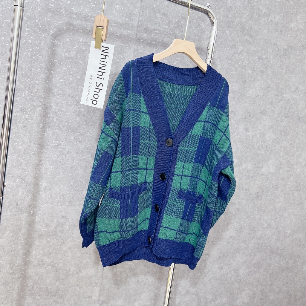 Áo khoác cadigan len rộng dáng dài kẻ Caro vải len dày dặn AK2244 - NhiNhi Shop