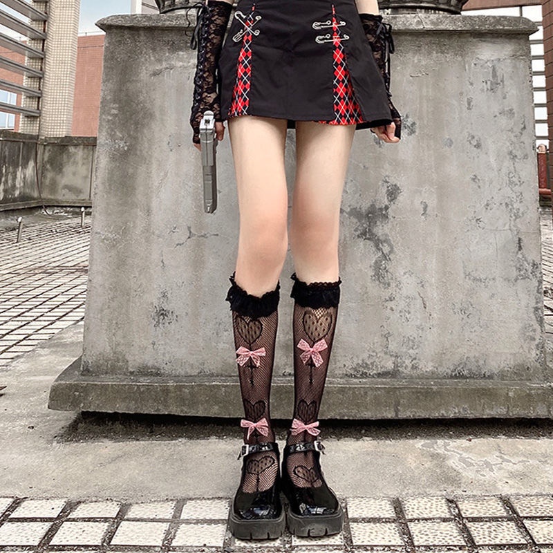 Tất ren lưới bắp chân Lolita viền ren hoa sen, đính nơ thêu trái tim thoáng mát, cá tính, cosplay Gợi Cảm Cho Nữ