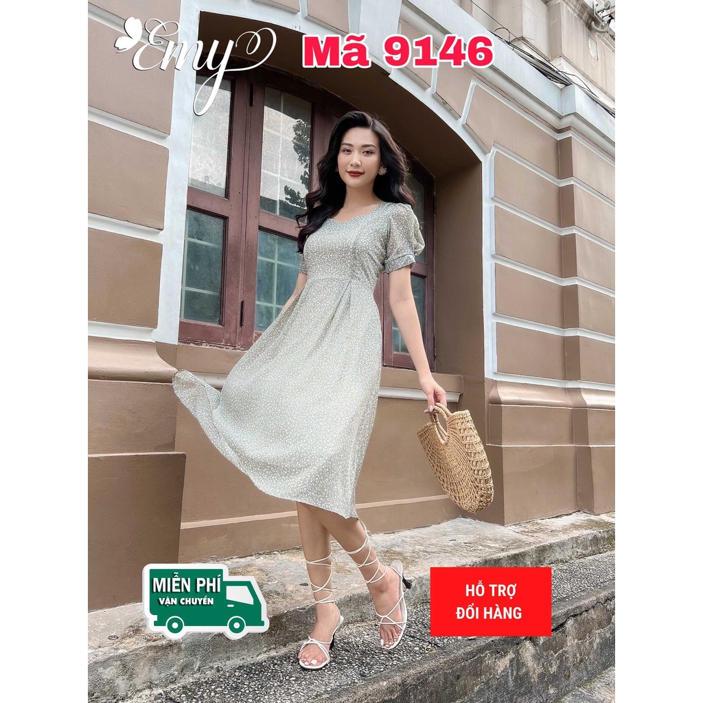 Váy EMY EM9146 Nữ Dạo Phố Xòe Xanh Hoa Nhí Có Túi