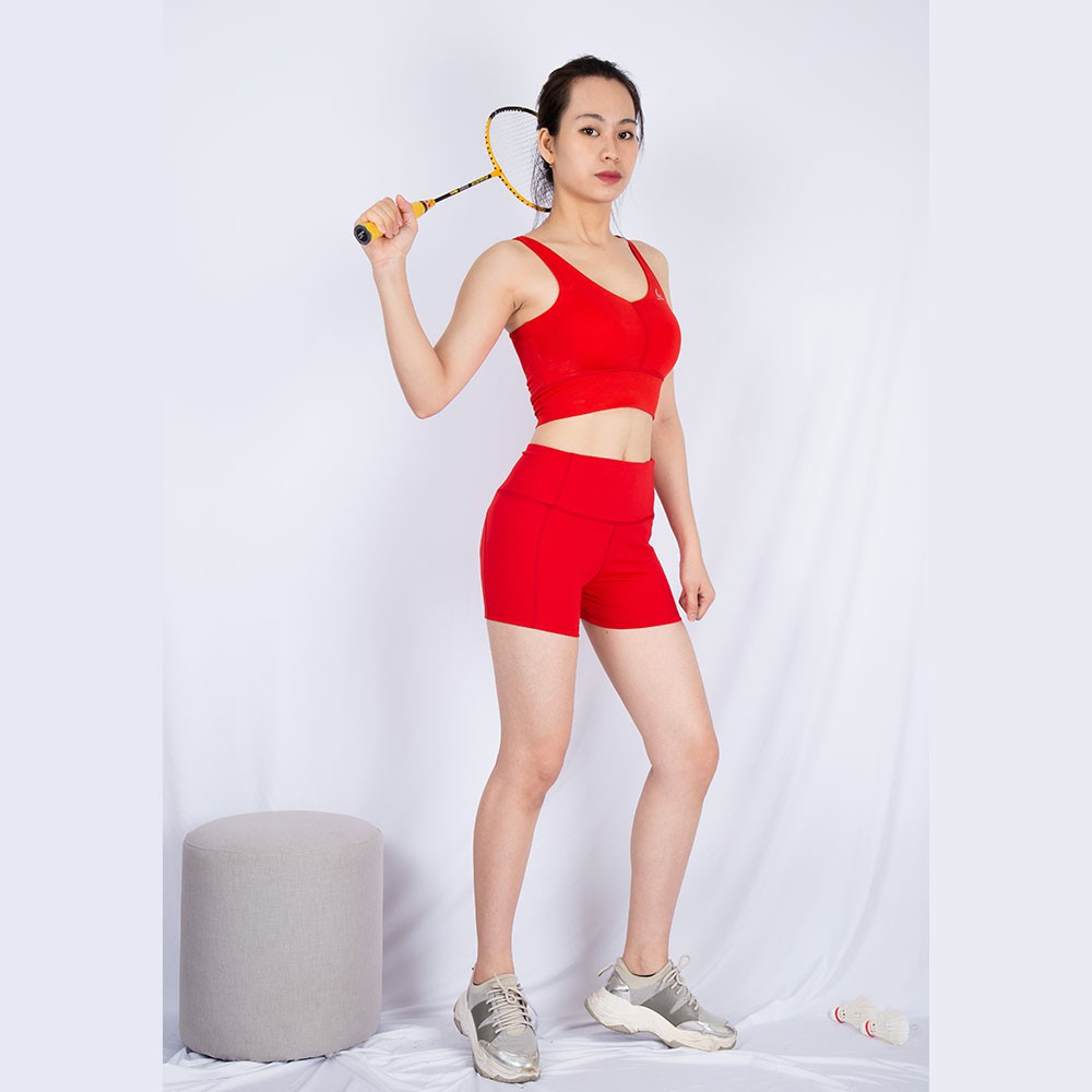 Bộ đồ tập gym, aerobics, bơi hay chạy bộ: Quần đùi ôm V1 + Bra cổ tim có sẵn mút ngực có thể tháo rời (Màu Đỏ tươi)