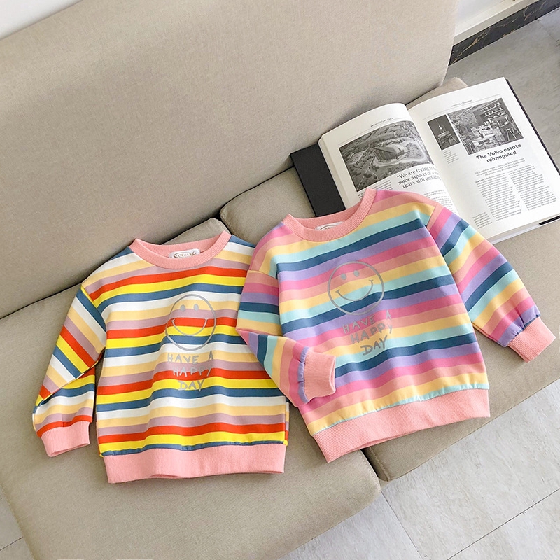 Áo Sweater Tay Dài Kẻ Sọc In Hình Mặt Cười Xinh Xắn Cho Bé Gái