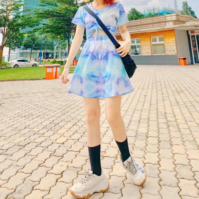 Set Loang Màu Chân Váy Và CropTop Rút Ngực Ảnh Thật