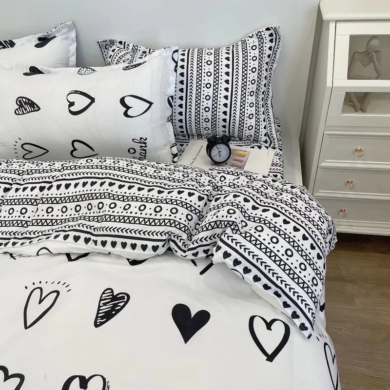 Set Bộ Vỏ Cotton Poly Tim Trắng Ghi, Chất Vải Đanh Mát _shinbedding