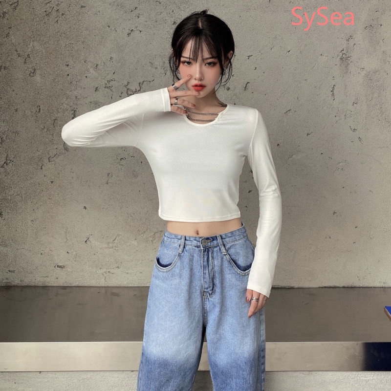 Áo Thun Màu Sắc Đơn Giản Phối Dây Xích Thời Trang Cho Nữ