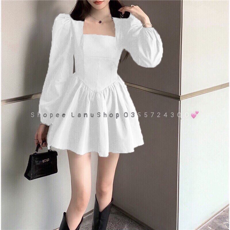 Váy xoè cổ vuông trắng ,Váy tạo vòng eo siêu nhỏ