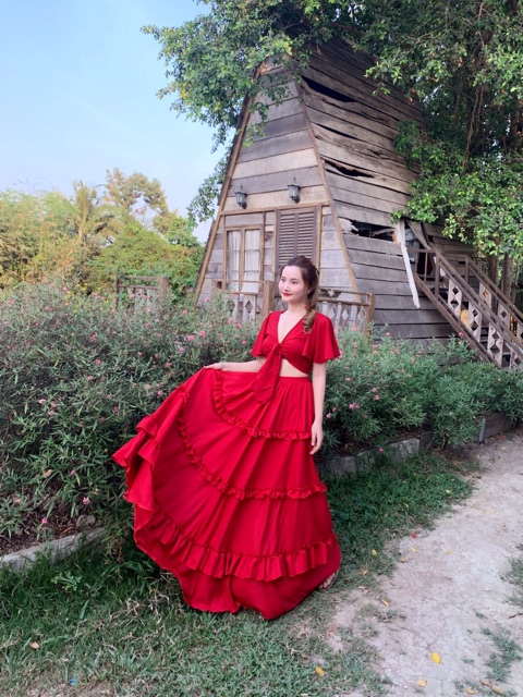 📛 [Ảnh thật] Sét áo cánh tiên phối chân váy maxi viền bèo đỏ hottrend , váy đi biển du lịch | BigBuy360 - bigbuy360.vn