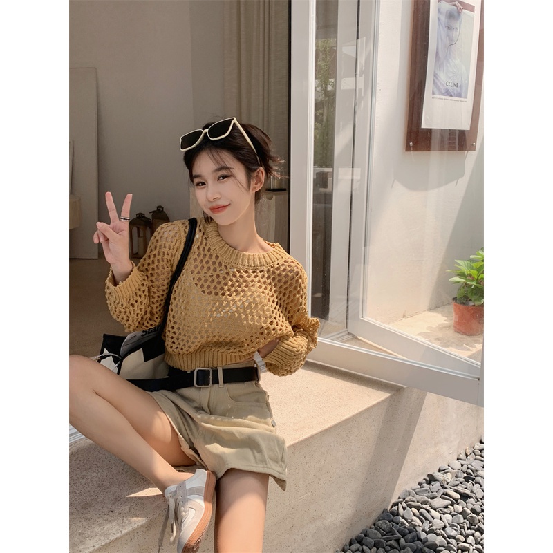 DUNEA Áo Croptop Dệt Kim Dáng Rộng Phong Cách Hàn Quốc Cổ Điển 4 Màu Sắc Lựa Chọn