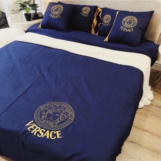 Chăn ga gối Lụa thêu thương hiệu 6 món Versace đen