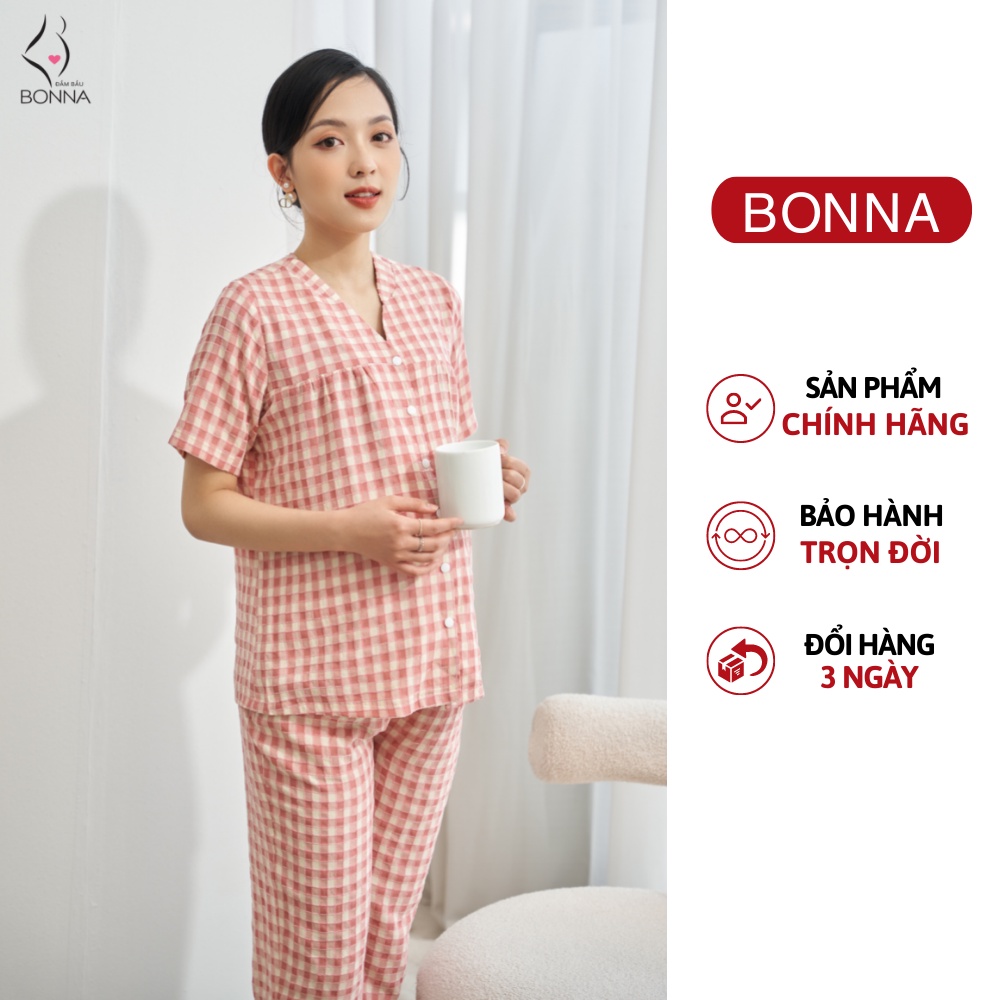 Đồ bộ bầu BONNA dáng ngắn trẻ trung, chẩt liệu đũi cao cấp, mặc trước và sau sinh, quần có chun cúc điều chỉnh B040