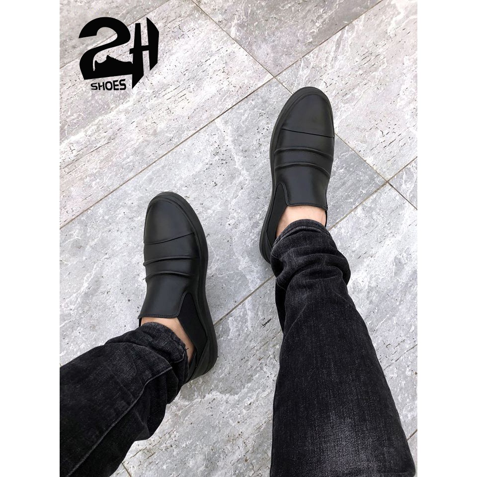 Giày mọi lười Slip on phối thun nam da bò nguyên tấm chống hôi chân, thoáng khi, em chân SHOES 2H size 38-43, Đen 2H-72 | BigBuy360 - bigbuy360.vn