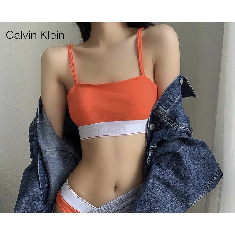 Set bộ lót thun 𝘊𝘒 áo ngang có mút màu cam đen mới 2022