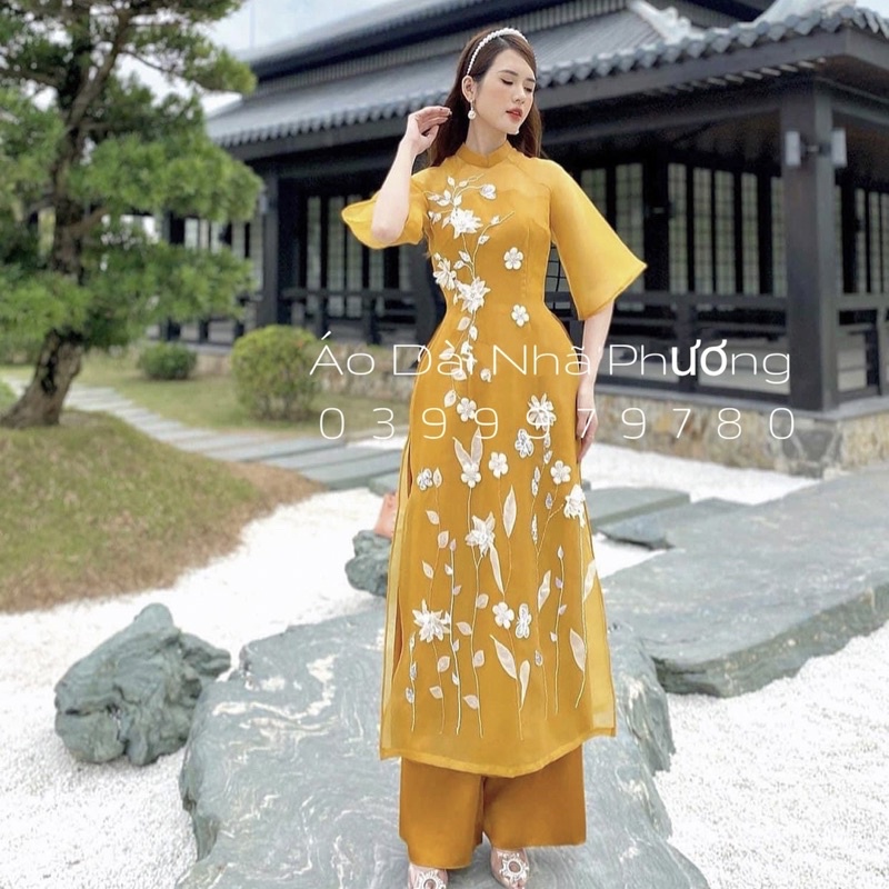 Áo Dài Cách Tân Thiết Kế 4 Tà Đính Hoa Nổi Cao Cấp_MTVANG
