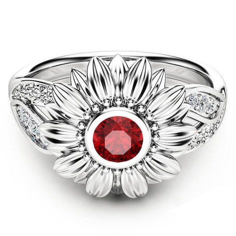 Aifei Jewellery Women Ring Sunflower Mosaic Red Diamond 925 Sterling Silver R190