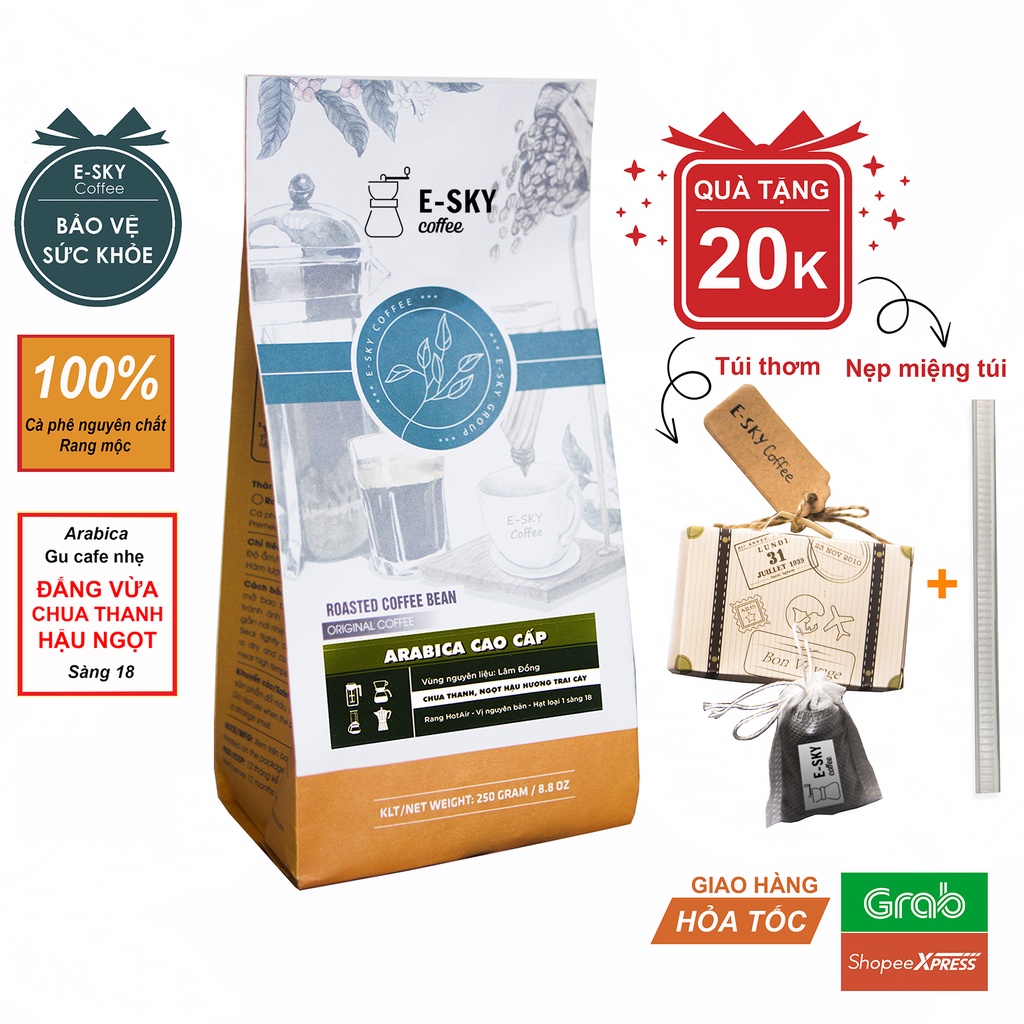 Cà phê Arabica Cầu Đất E-SKY Coffee nguyên chất 100% hậu vị ngọt pha phin pha máy cold brew 250g