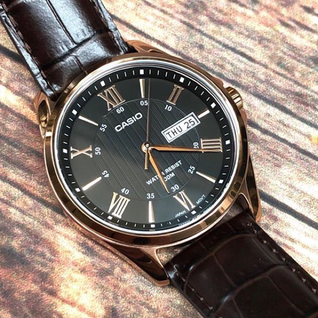 Đồng hồ nam chính hãng CASIO MTP 1384L-1AV dây da đen mặt đen viền goldrose 41mm