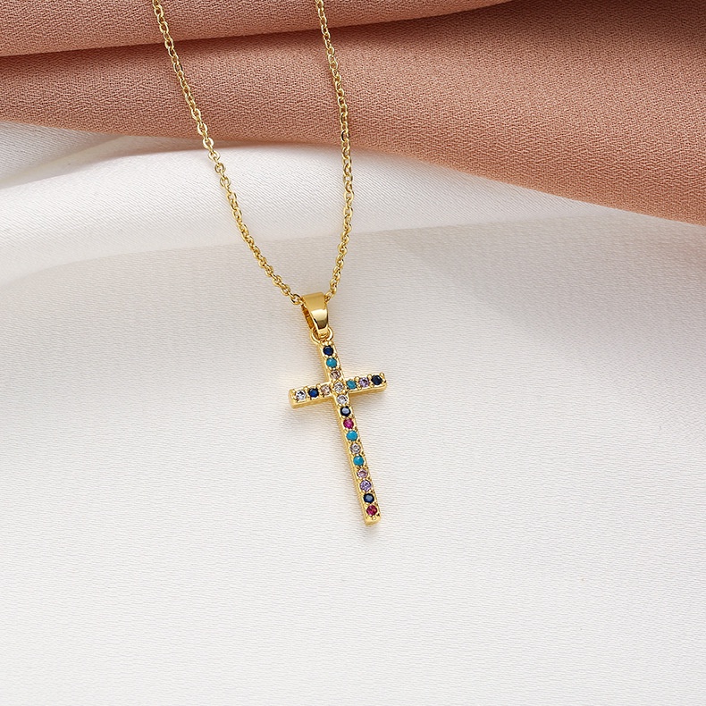 XiaoboACC Dây Chuyền Mặt Chữ Thập Bằng Thép Không Gỉ Mạ Vàng Đính Đá Zircon Không Dị Ứng Thời Trang Cho Nữ - 40CM+5CM