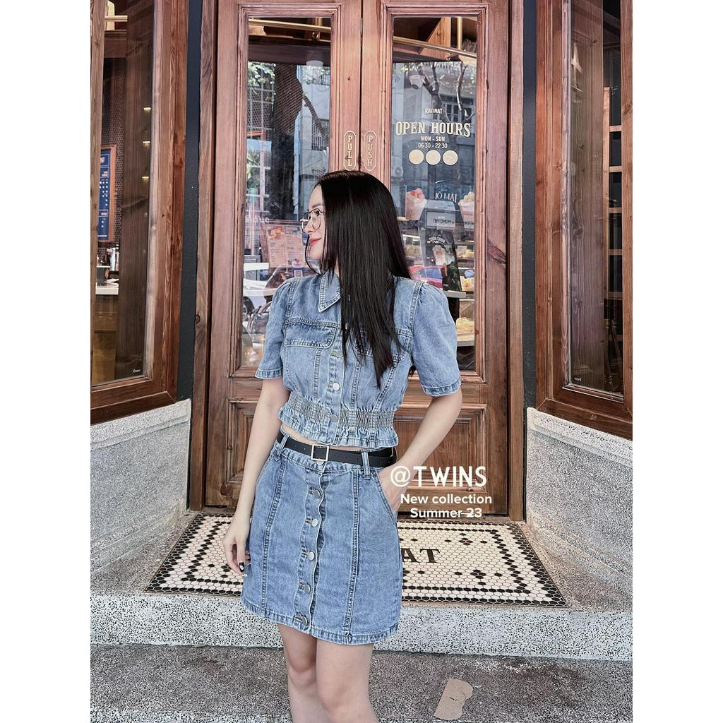 Set đồ nữ jeans cộc tay chun eo chân váy hàng khuy 8868