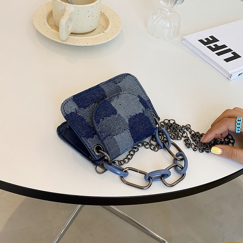 Túi đeo chéo/ xách tay phối dây xích nhỏ kẻ ô vuông thời trang hè năm 2021 cho nữ