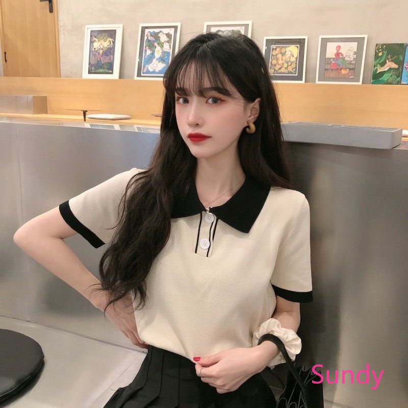 Áo polo dệt kim ngắn tay thời trang mùa hè năng động cho nữ