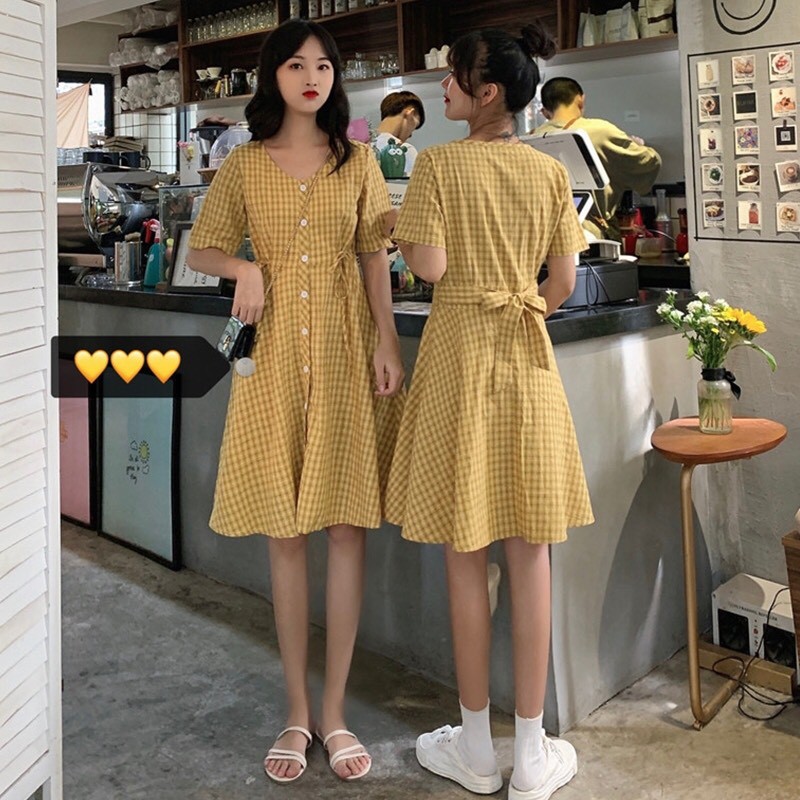 SET VÁY ĐÔI - VÁY KẺ CÚC CÀI BUỘC NƠ EO XANH VÀNG - VÁY CARO DÚM NGỰC NƠ SAU VÀNG XANH ULLZANG