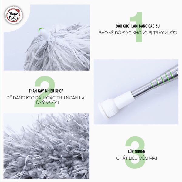 CHỔI LÔNG QUÉT BỤI CÁN INOX RÚT GỌN TẶNG KÈM MÓC TREO 3D