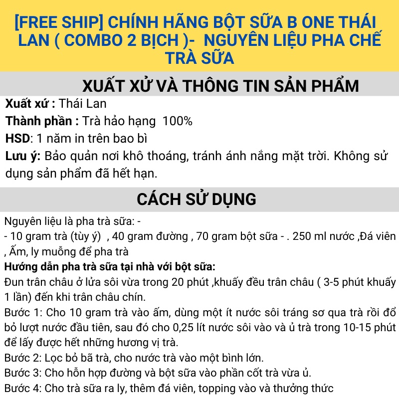 Combo 2 bịch Bột sữa béo B one Thái  Lan  chính hãng -  Nguyên liệu pha chế trà sữa