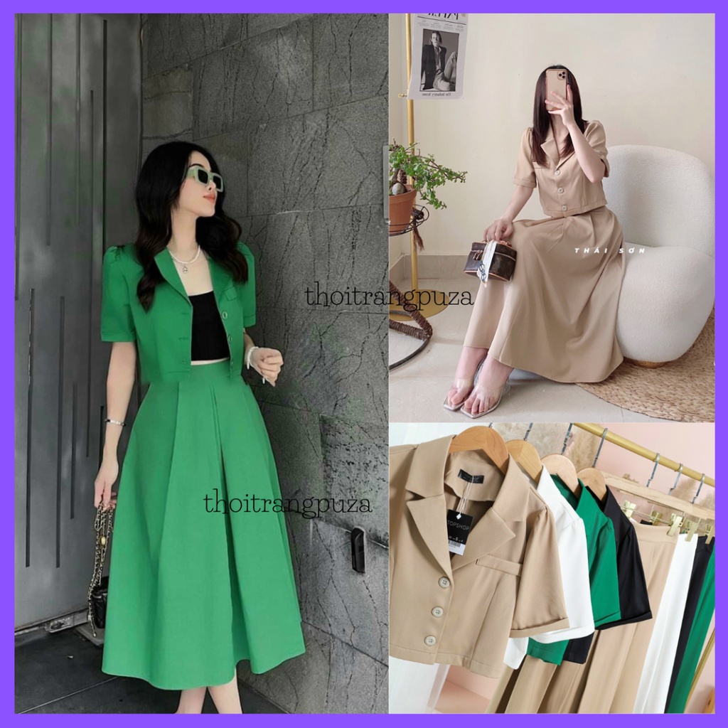 Sét áo blazer nữ,sét 2 món áo vest ngắn tay dáng ngắn kèm chân váy xếp ly dài
