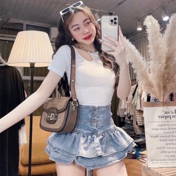 Áo kiểu nữ tà nhọn phối xích trễ hở vai chất vải thun Borip FreeSize dưới 53kg dành cho nữ có 2 màu Trắng, Đen