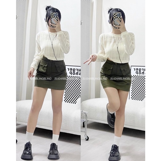 Set áo lưới + chân váy túi hộp rêu | Sugarblingbling
