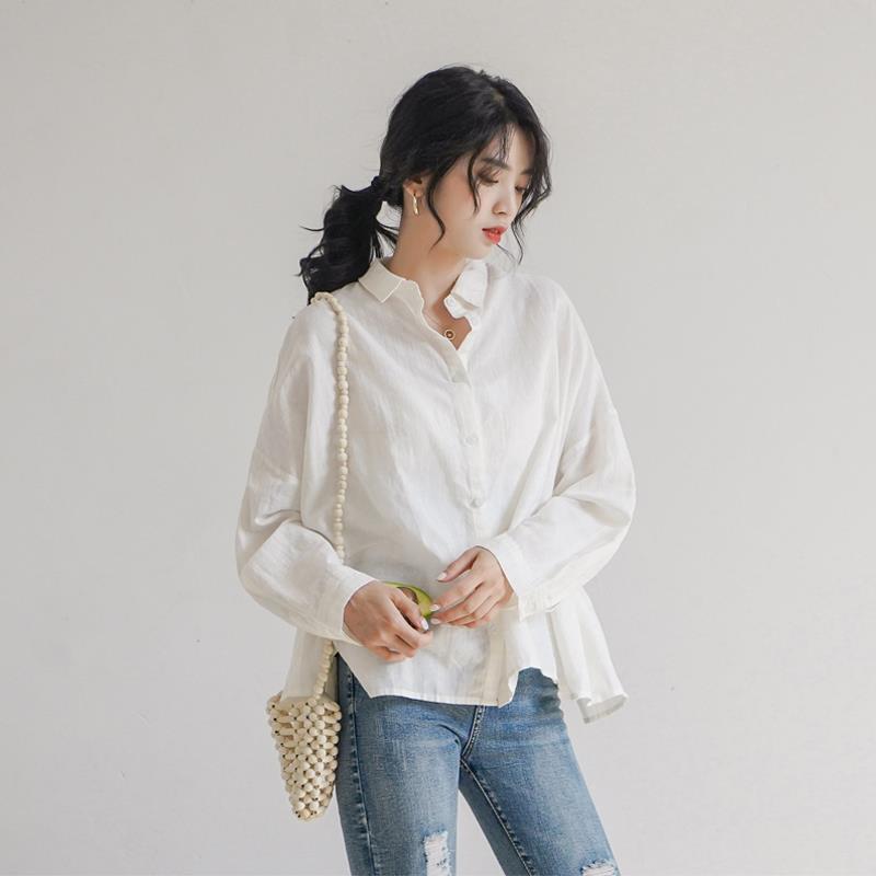 Áo sơ mi tay dài dáng rộng eo cao màu trơn vải mỏng thời trang Hàn Quốc bằng vải cotton phối diềm xếp nếp cho bạn nữ