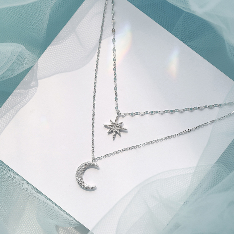 Dây chuyền bạc 2 lớp hoạ tiết ngôi sao mặt trăng đính đá Zircon phong cách Hàn Quốc