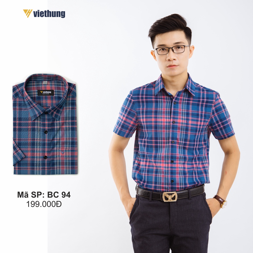 Áo Sơ Mi Nam Công Sở Thương Hiệu Việt Hưng Họa Tiết Caro Xanh Đỏ Ngắn Tay Vải Cotton - BC94