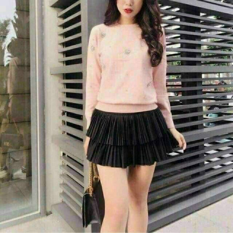 V073 - Chân váy ngắn LINH RUBI STORE dập li cạp chun dáng xòe có quần trong