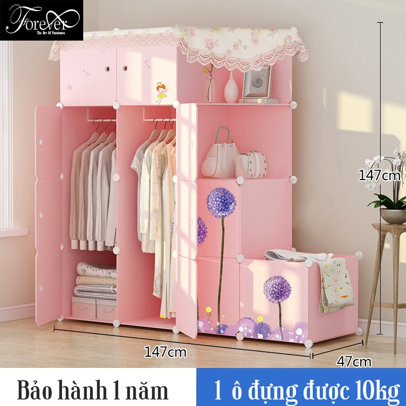 Tủ lắp ghép giá rẻ 12 ô (2 ô xéo) + 1 hộc bên 147*147*47cm màu hồng hoa tú cầu (Nhiều mẫu) - Nội Thất Nghệ Thuật Forever