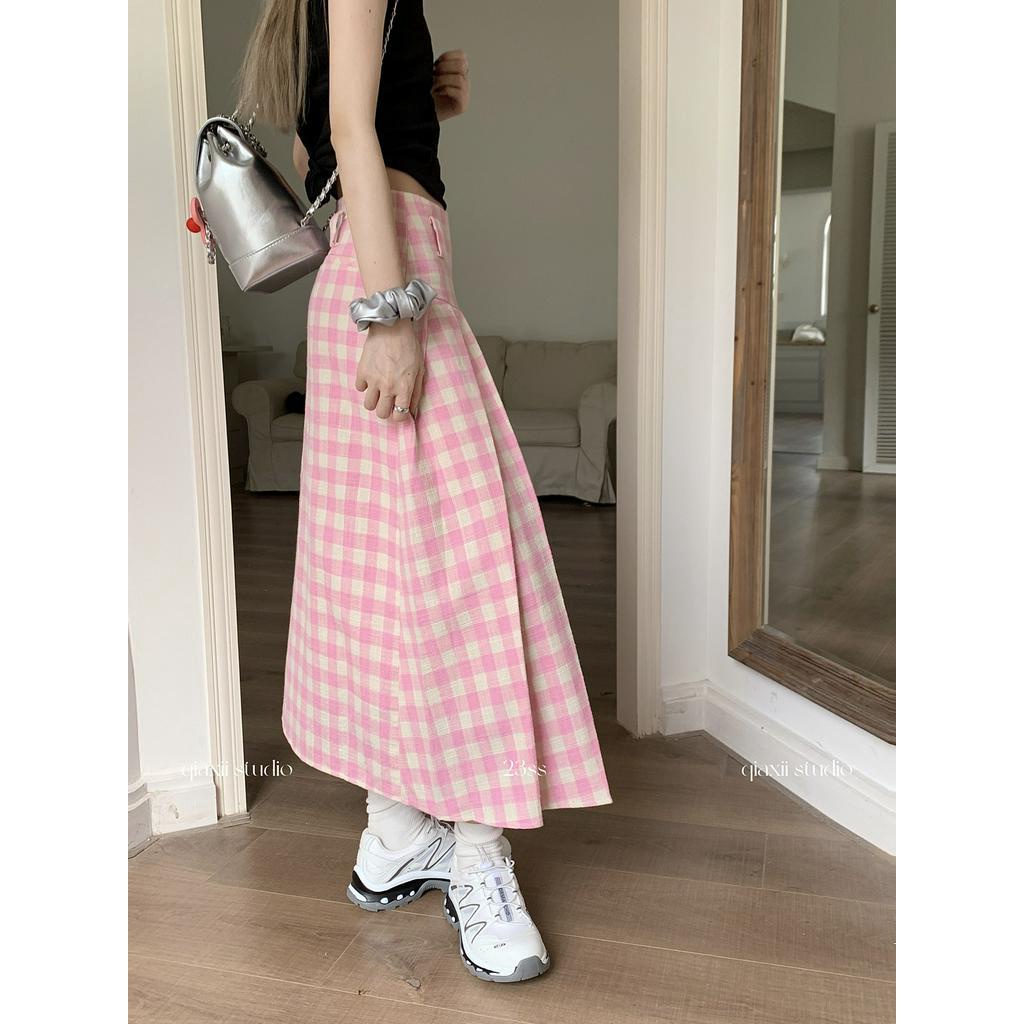Chân Váy Dài Dáng Chữ A Xếp Ly Sọc Ca Rô Màu Hồng Thời Trang Mùa Xuân 63320