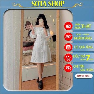 váy trắng trễ vai dáng xoè siêu xinh có lót dày dặn, Váy đầm trắng dự tiêc tay dài dún bồng nhẹ nhàng thanh nhã Sota