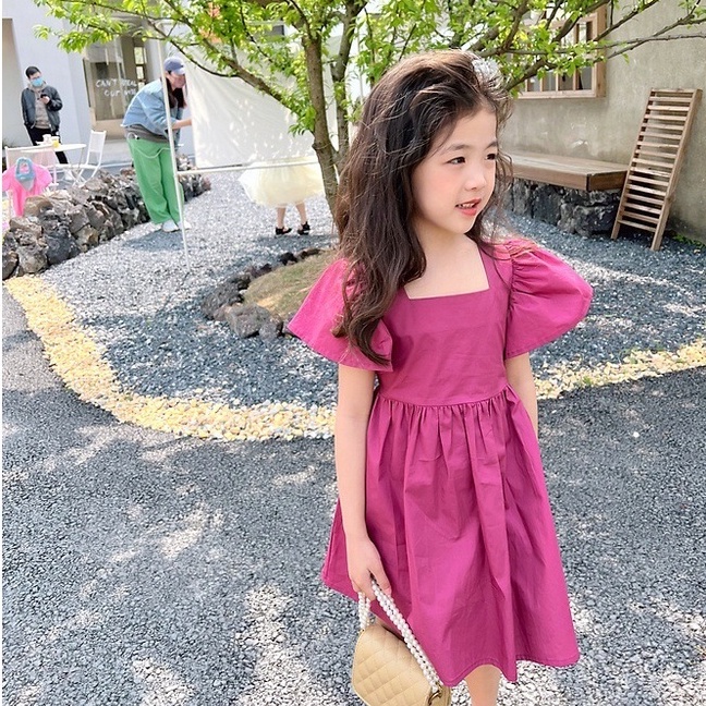 Đầm Công Chúa Cổ Vuông Tay Phồng Cột Dây Thời Trang Mùa Hè Phong Cách Hàn Quốc Cho Bé Gái
