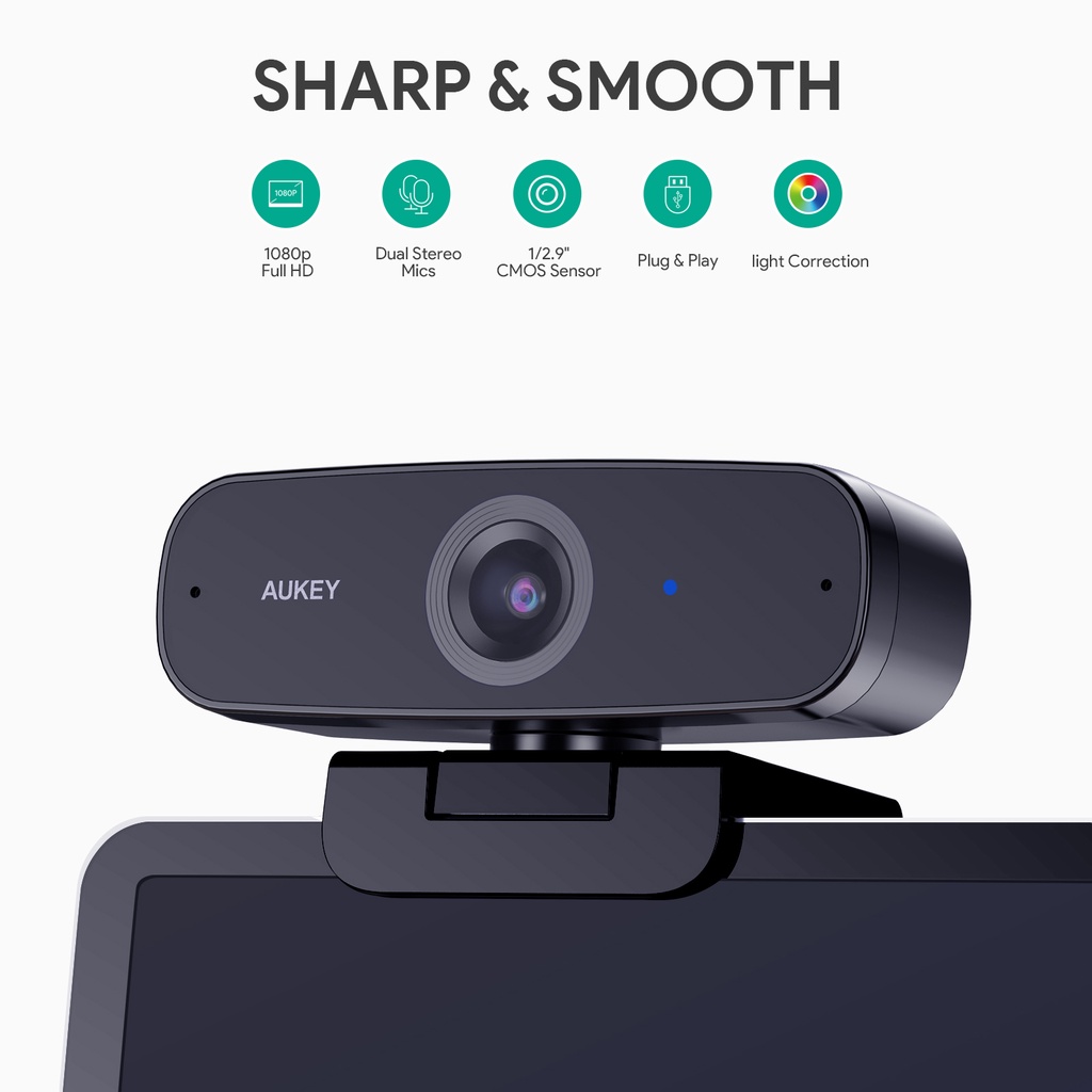 Webcam máy tính AUKEY PC-W3 Có 2 Mic Chống Ồn 1080P FHD 5m tự động lấy nét cho Windows XP / Mac OS 10.6 / Android