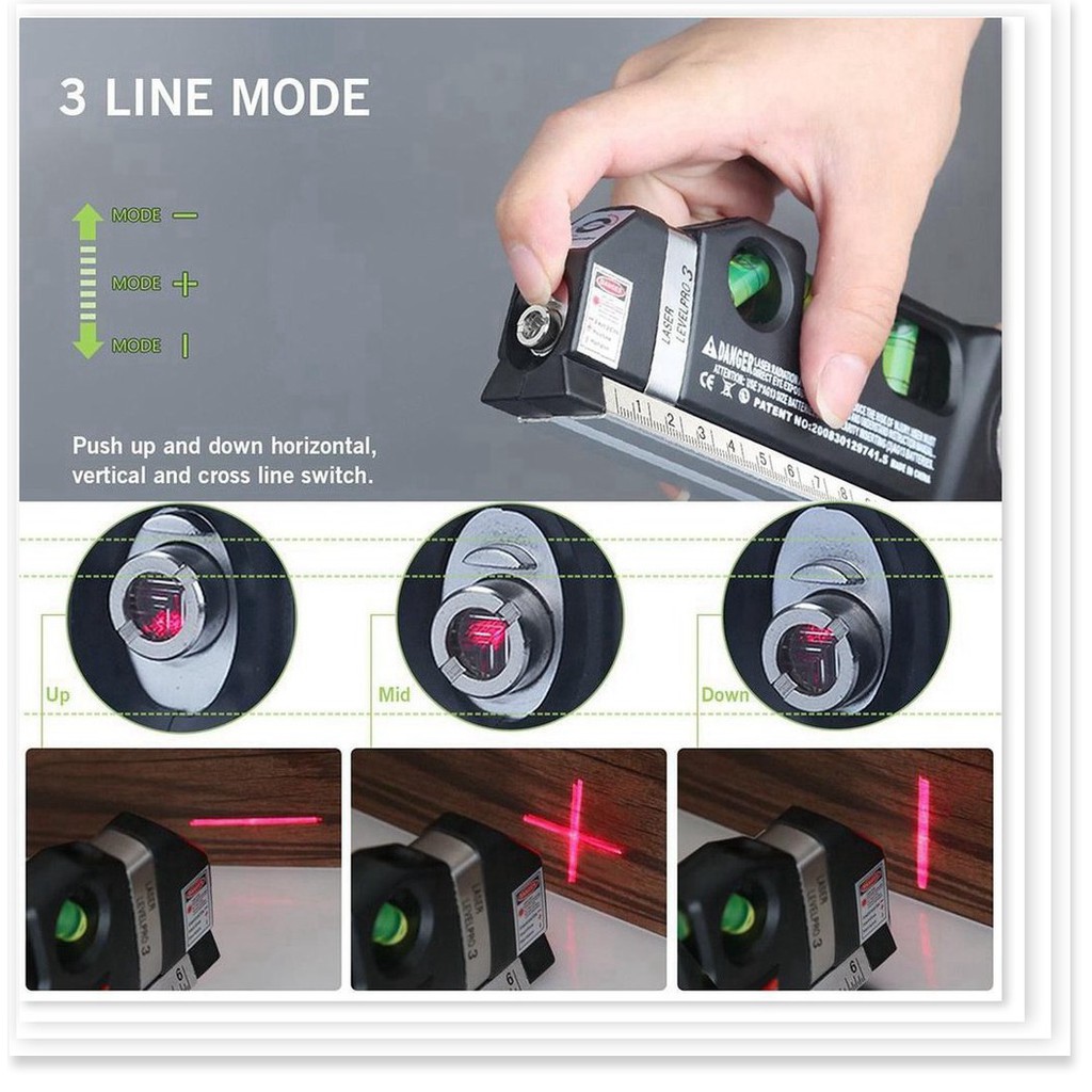 Thước Nivo, Cân Mực Laser - Thước Kéo 2.5m Nội Thất Laser Level Pro 3 (Kèm pin)