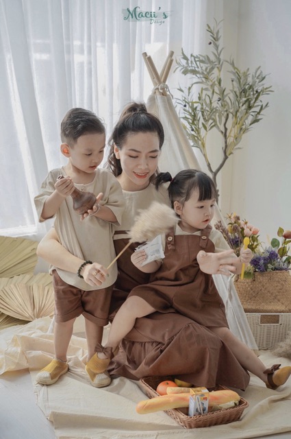 ⚡HÀNG THIẾT KẾ⚡ Đồ đôi gia đình, đồ đôi mẹ bé siêu xinh by Macii's. Chất vải linen nâu thoáng mát, phong cách vintage