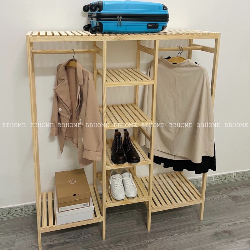 Kệ tủ gỗ lắp ráp 3 ngăn treo quần áo - Gỗ thông Mỹ