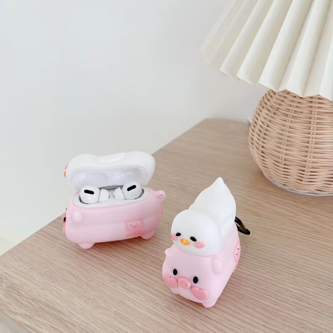 Soft Silicone Cartoon Cute White Bird Lying On The Pink Pig Airpods 1 2 Pro Protective Case Buy One Get Anti-lost Ring Free