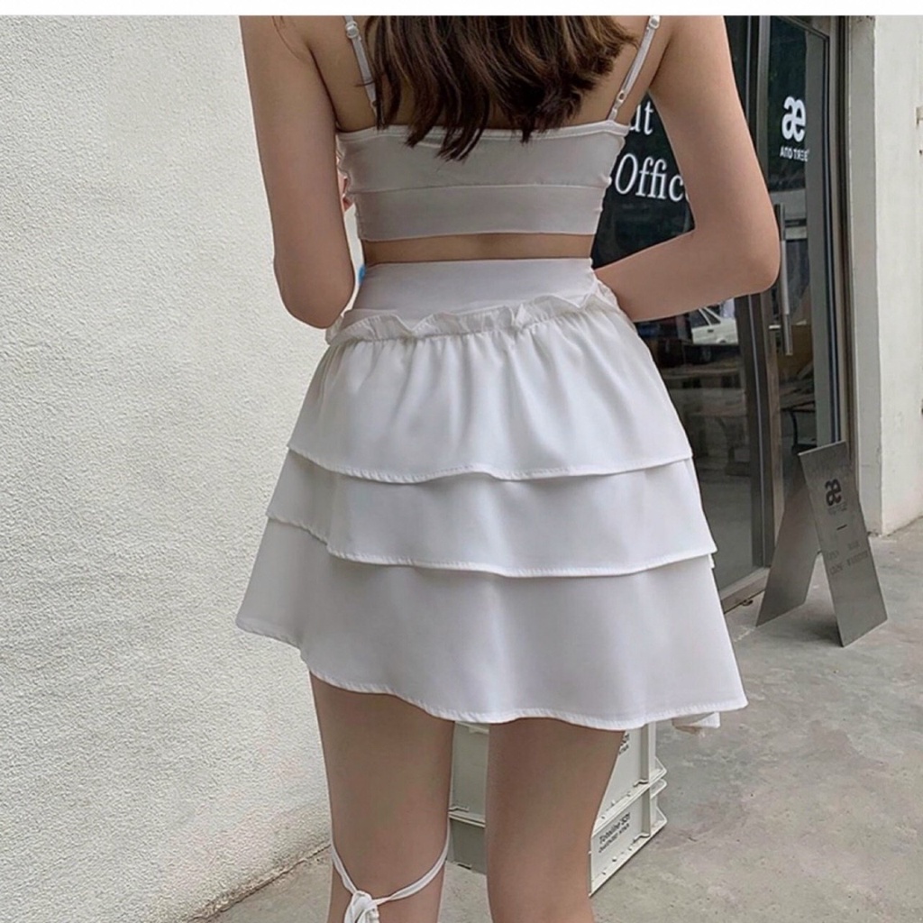 Chân Váy Ulzzang Cá Tính Ba Tầng Kiểu Chân Đan Dây Có Quần Trong