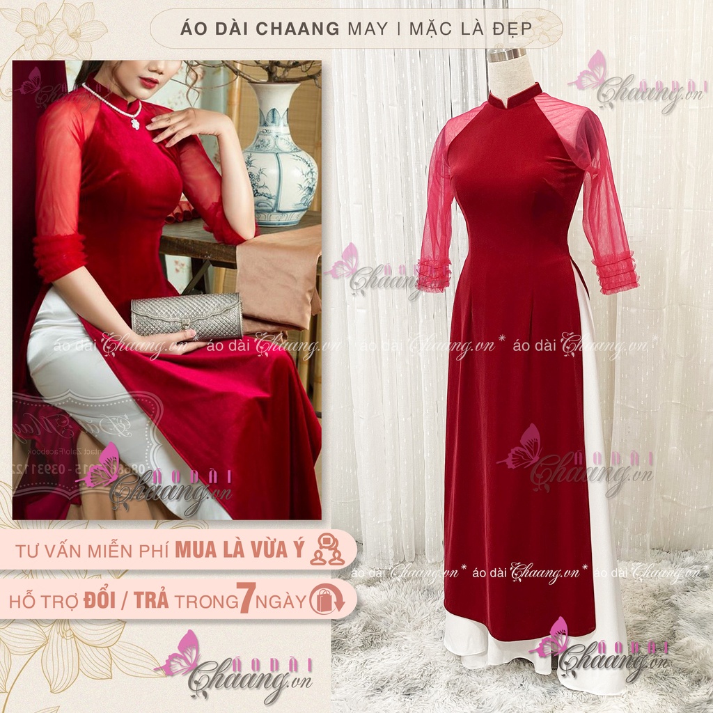 Áo dài nhung tay lưới_Chaang_may sẵn áo dài cách tân đẹp sang trong, vải co giãn dễ mặc