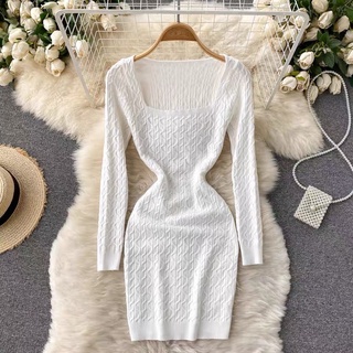 Đầm cổ vuông tay dài, đầm len dệt kim tay dài, đầm body dệt thun gân