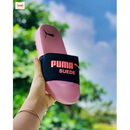 Dép 𝐏𝐔𝐌𝐀 ❤️FREESHIP + Hộp❤️ dép unisex 𝐌𝐋𝐁 quai ngang bóng chày thể thao nam nữ in PUMA da lộn, đế IP bền hồng quai đen